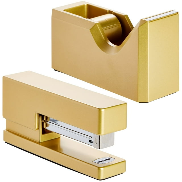 Matte Gold 2 Piece Stapler and Tape Dispenser Set for Small School