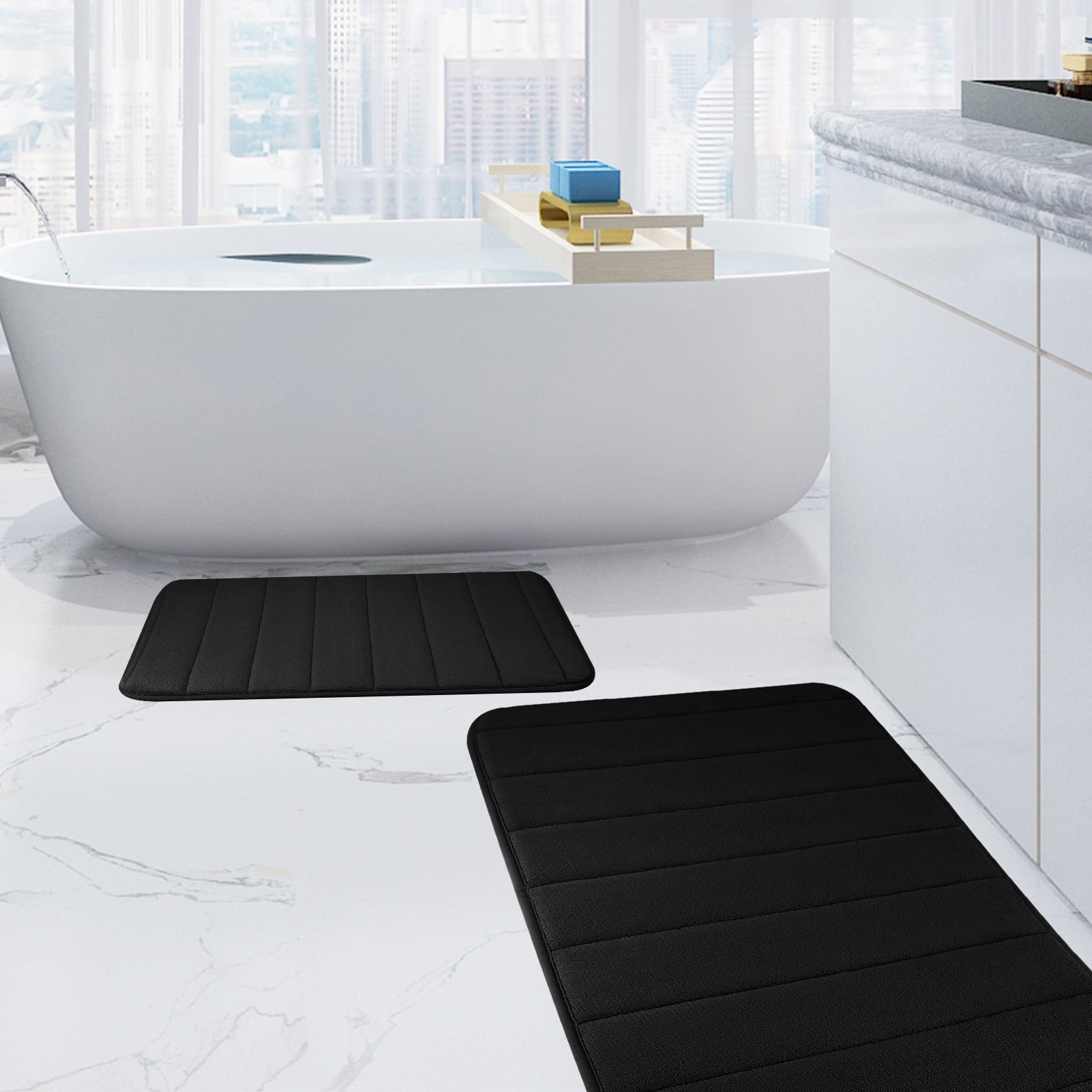2 Piece Memory Foam Bath Mat Set Thick Bathroom Rugs Soft Bath Mats for Bathroom Extra Absorbent Floor Mats Bath Rugs Set for Kitchen/Living Room(20" x 32"/17" x 24", Black)