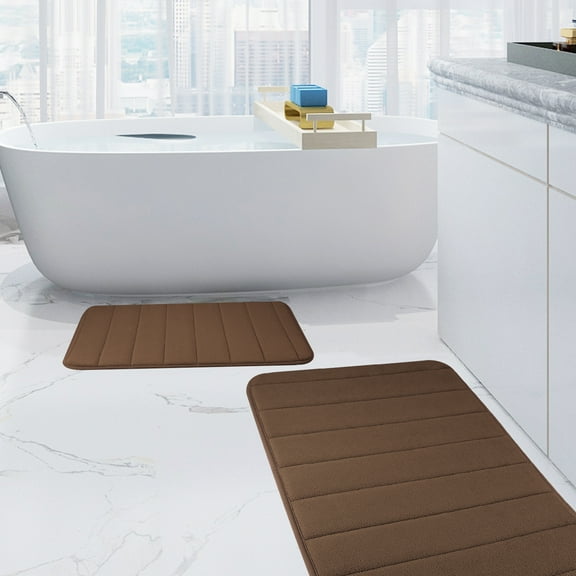 2 Piece Memory Foam Bath Mat Set Thick Bathroom Rugs Soft Bath Mats for Bathroom Extra Absorbent Floor Mats Bath Rugs Set for Kitchen/Living Room(20" x 32"/17" x 24", Brown)