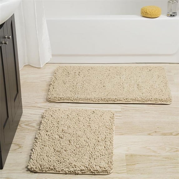2 Piece Memory Foam Shag Bath Mat, Ivory