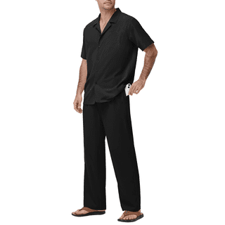 Men's 2 Piece Outfit Summer Beach Button Down Shirt Pants Casual Set Black XL