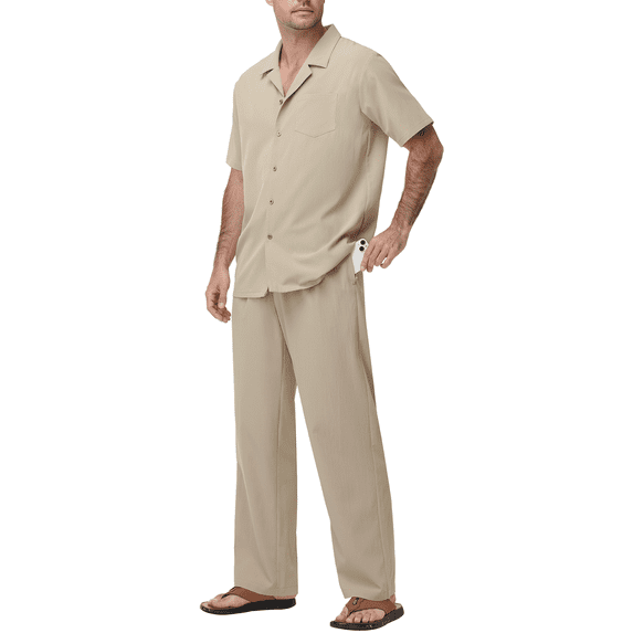 Men's 2 Piece Outfit Summer Beach Button Down Shirt Pants Casual Set Khaki S