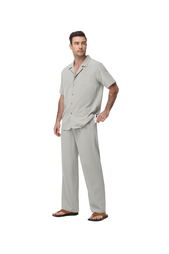 2-Piece Men's Casual Set Button Down Shirt & Loose Pants Lightweight Stretch for Vacation Light Gray L
