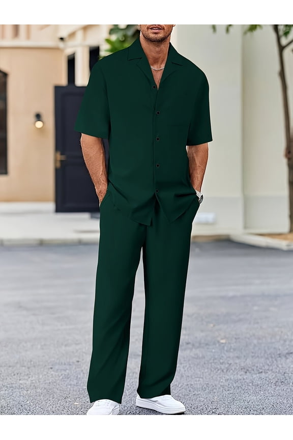 2 Piece Men's Outfits Textured Button Short Sleeve Shirt Drawstring Waist Loose Pants Set Tracksuits Vacation Outfit Army Green XXL