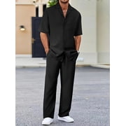 2 Piece Men's Outfits Textured Button Short Sleeve Shirt Drawstring Waist Loose Pants Set Tracksuits Vacation Outfit Black L