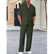 2 Piece Men's Outfits Textured Button Short Sleeve Shirt Drawstring Waist Loose Pants Set Tracksuits Vacation Outfit Green A 3XL