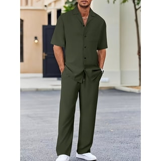 2 Piece Men's Outfits Textured Button Short Sleeve Shirt Drawstring Waist Loose Pants Set Tracksuits Vacation Outfit Green A L