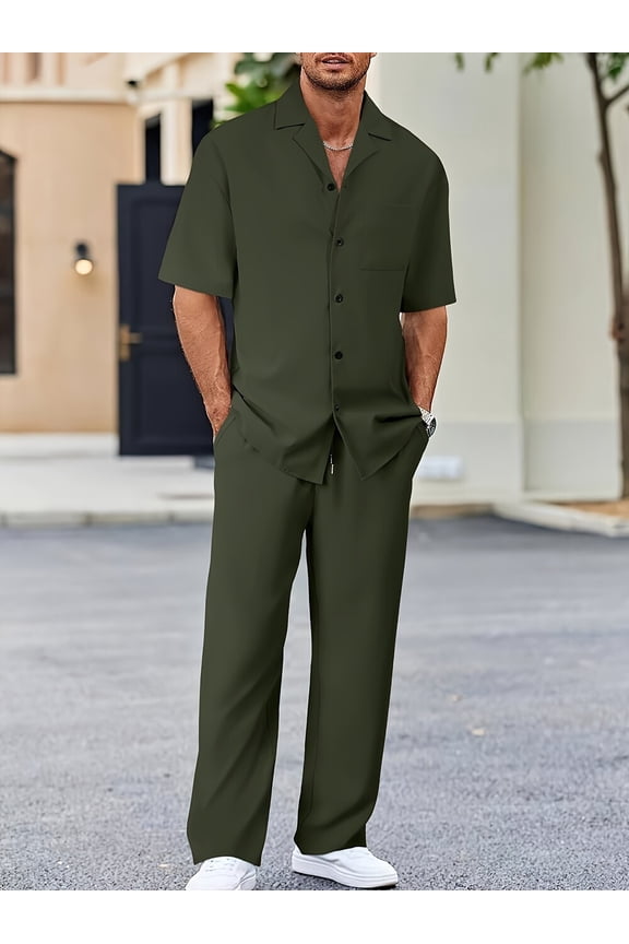 2 Piece Men's Outfits Textured Button Short Sleeve Shirt Drawstring Waist Loose Pants Set Tracksuits Vacation Outfit Green A M