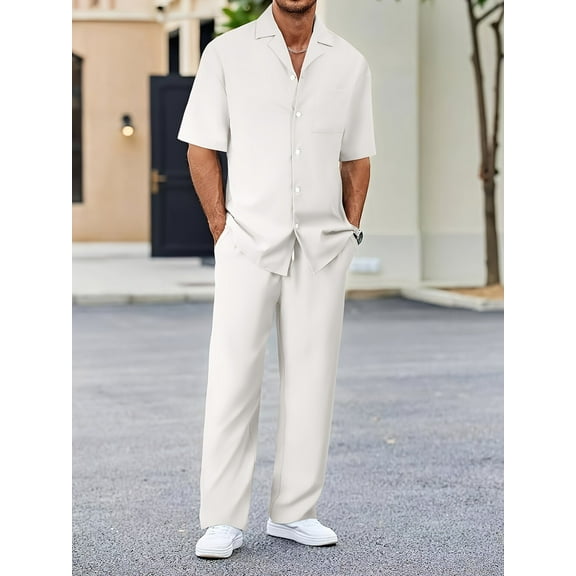 2 Piece Men's Outfits Textured Button Short Sleeve Shirt Drawstring Waist Loose Pants Set Tracksuits Vacation Outfit White M