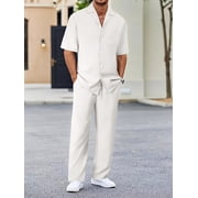 2 Piece Men's Outfits Textured Button Short Sleeve Shirt Drawstring Waist Loose Pants Set Tracksuits Vacation Outfit White XL