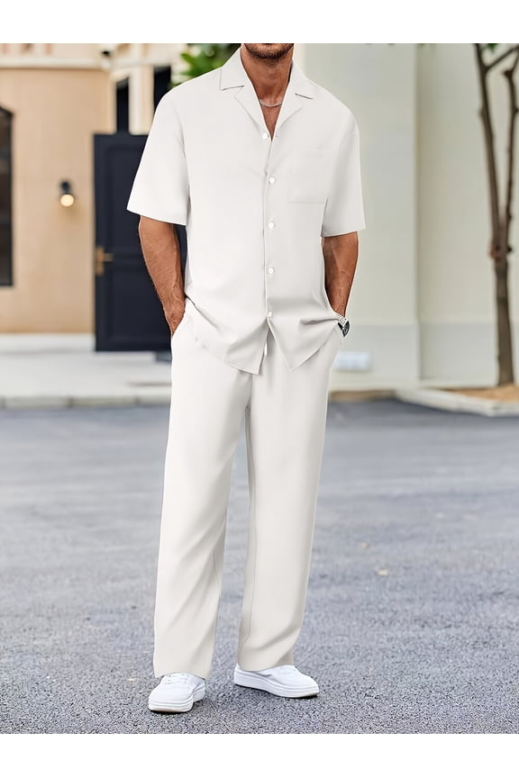 2 Piece Men's Outfits Textured Button Short Sleeve Shirt Drawstring Waist Loose Pants Set Tracksuits Vacation Outfit White XL