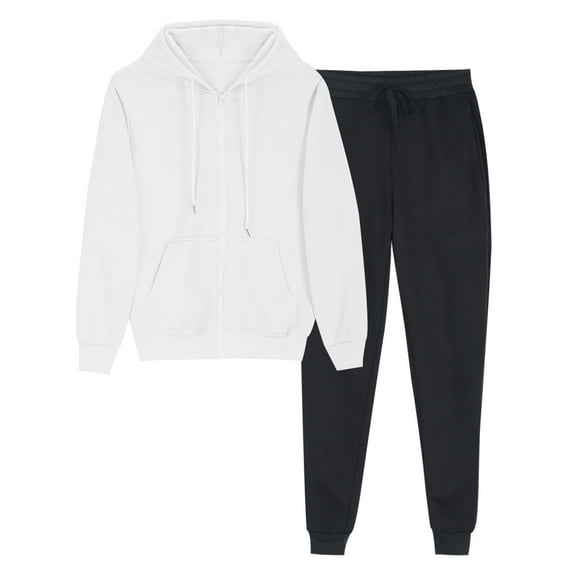 2 Piece Mens And Womens Sports Tracksuits Drawstring Zipper Long Sleeve Pullover Hoodies Sweatshirt And Sweatpants Fall Winter Suit,White,M