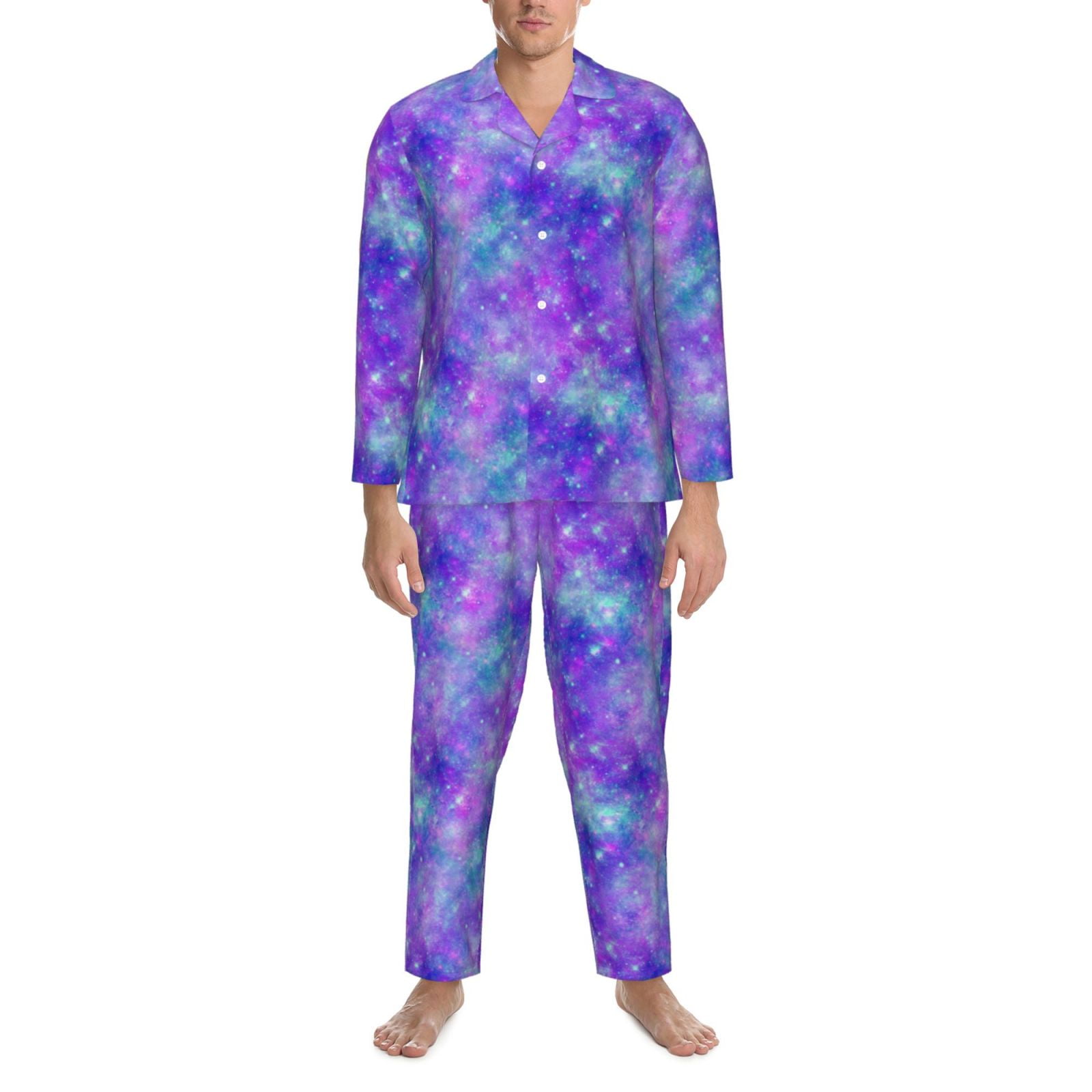 2 Piece Mens Pajamas Set, Aesthetic Galaxy Sky Blue Purple Long Sleeve