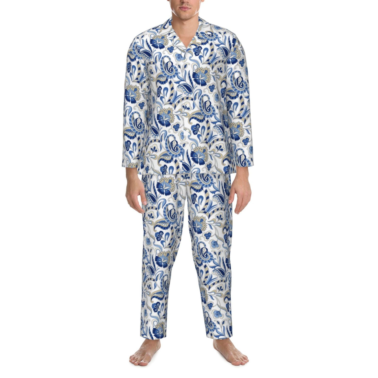 2 Piece Mens Pajamas Set, Blue Paisley Long Sleeve Button Down and