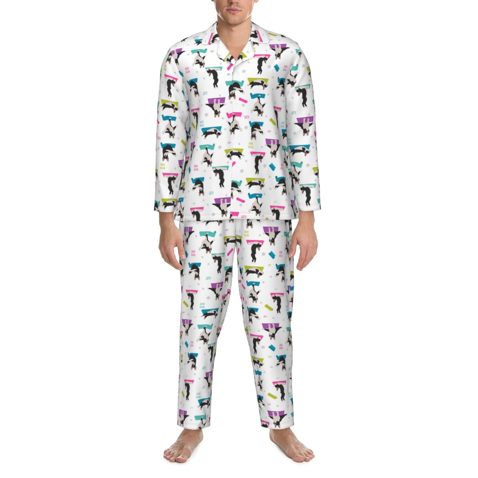 2 Piece Mens Pajamas Set, Boston Terrier Yoga Dogs Funny Long Sleeve