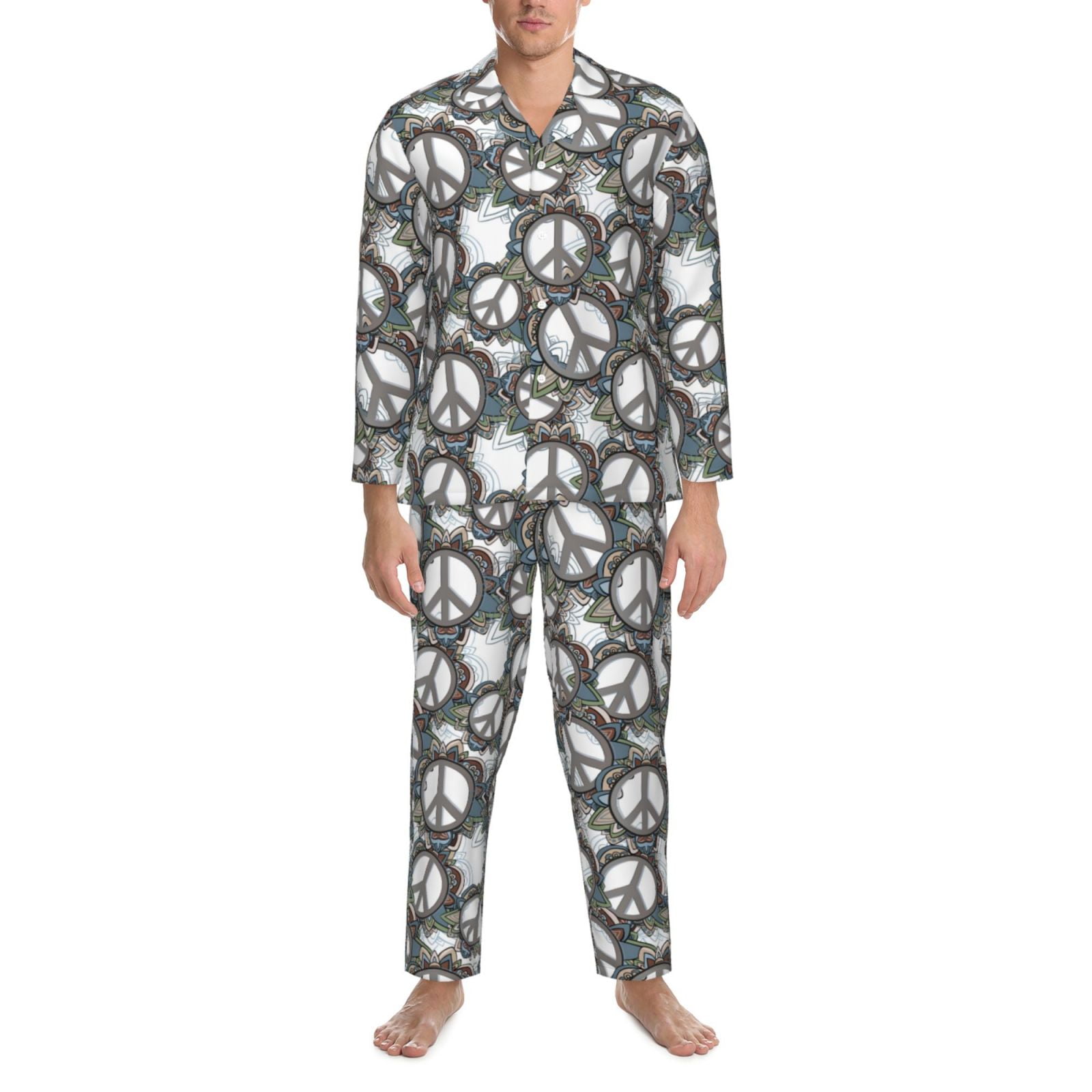2 Piece Mens Pajamas Set, Cool Grey Peace Sign Long Sleeve Button Down