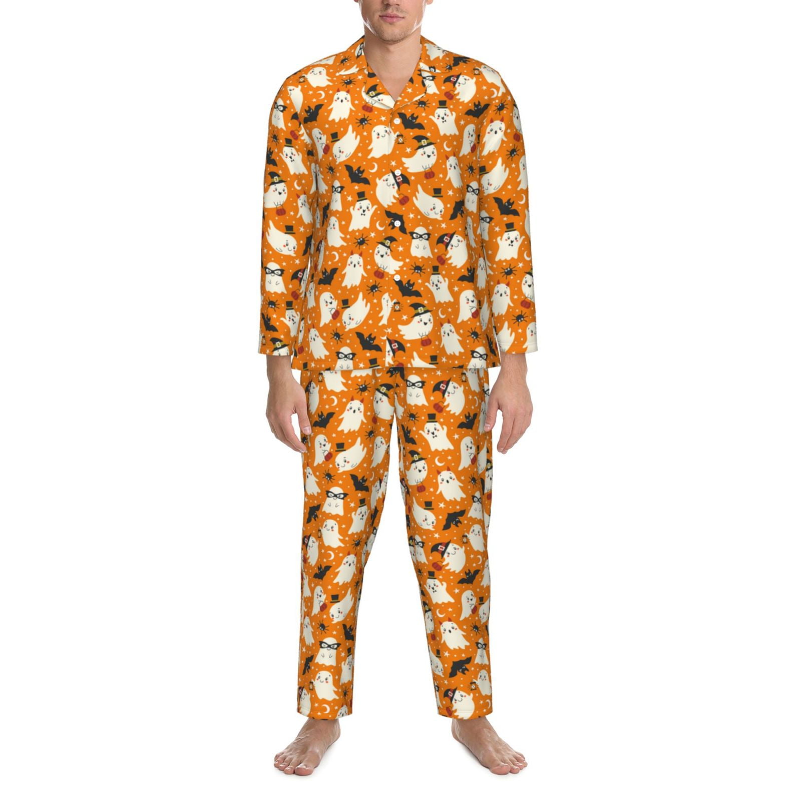 2 Piece Mens Pajamas Set, Cute Ghosts Long Sleeve Button Down and