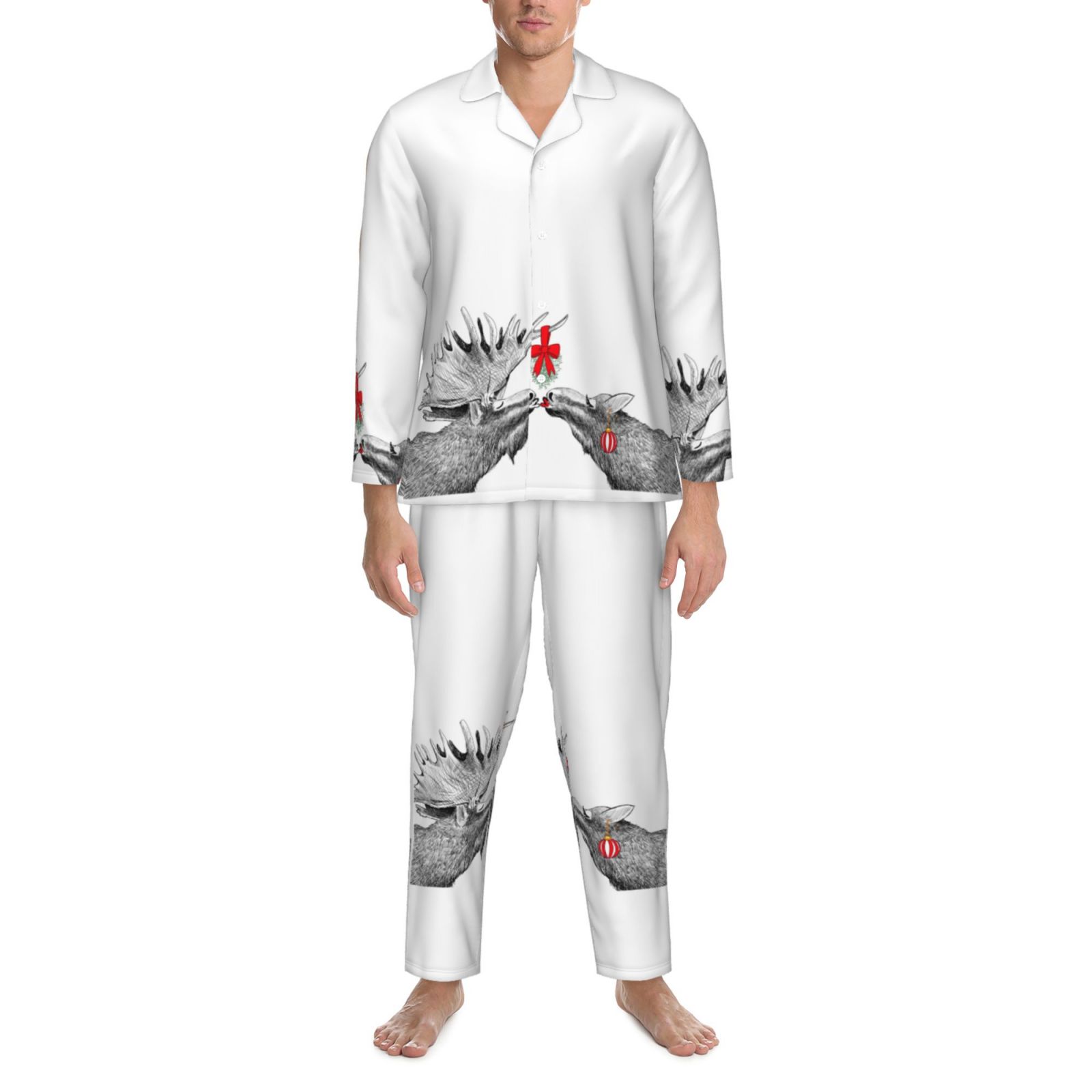 2 Piece Mens Pajamas Set, Funny Christmas Moose Long Sleeve Button Down