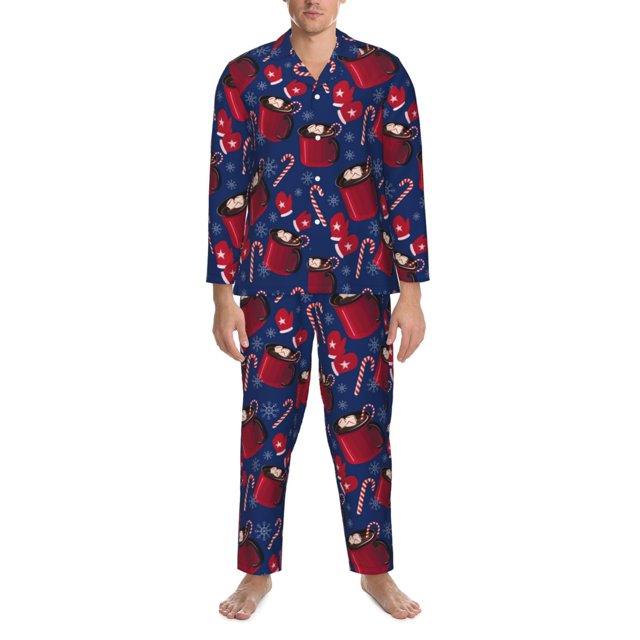 2 Piece Mens Pajamas Set, Hot Cocoa Snowflake Mittens Long Sleeve