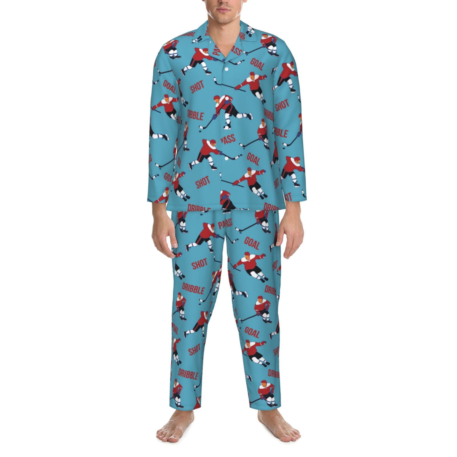 2 Piece Mens Pajamas Set, Ice Hockey Player Stick Blue Long Sleeve