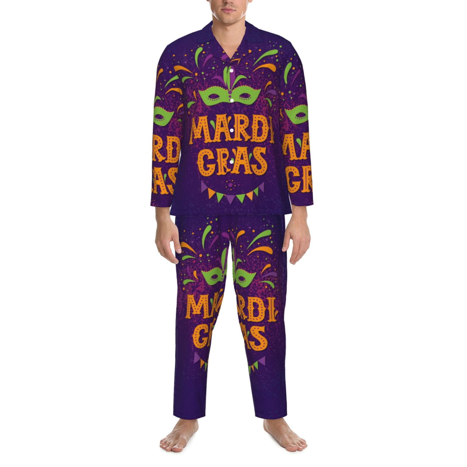 2 Piece Mens Pajamas Set, Mardi Gras2 Long Sleeve Button Down and