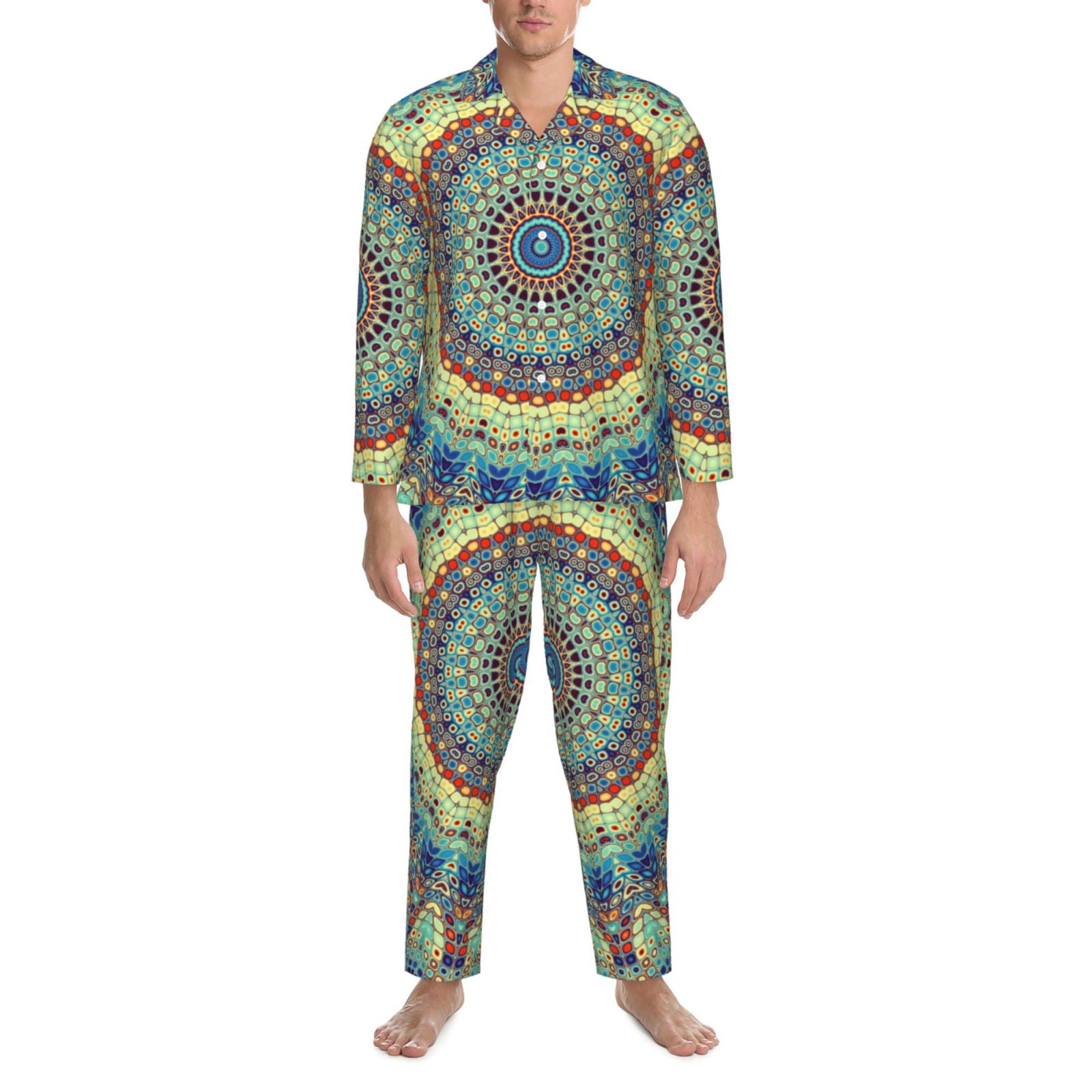 2 Piece Mens Pajamas Set, Round Mandala1 Long Sleeve Button Down and