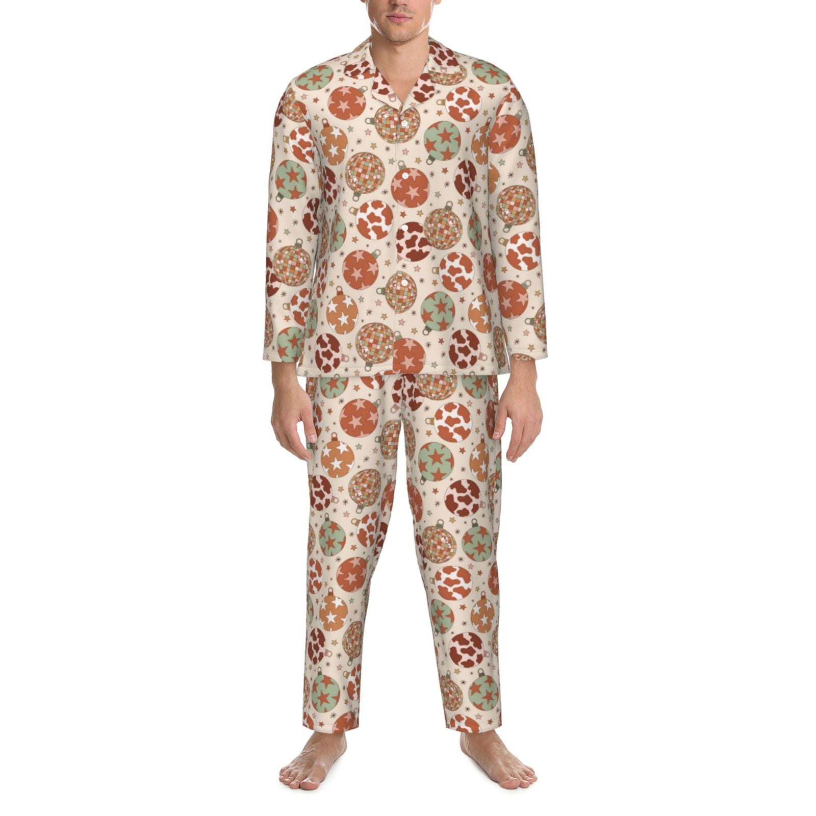 2 Piece Mens Pajamas Set, Rustic Christmas Ornaments Long Sleeve Button