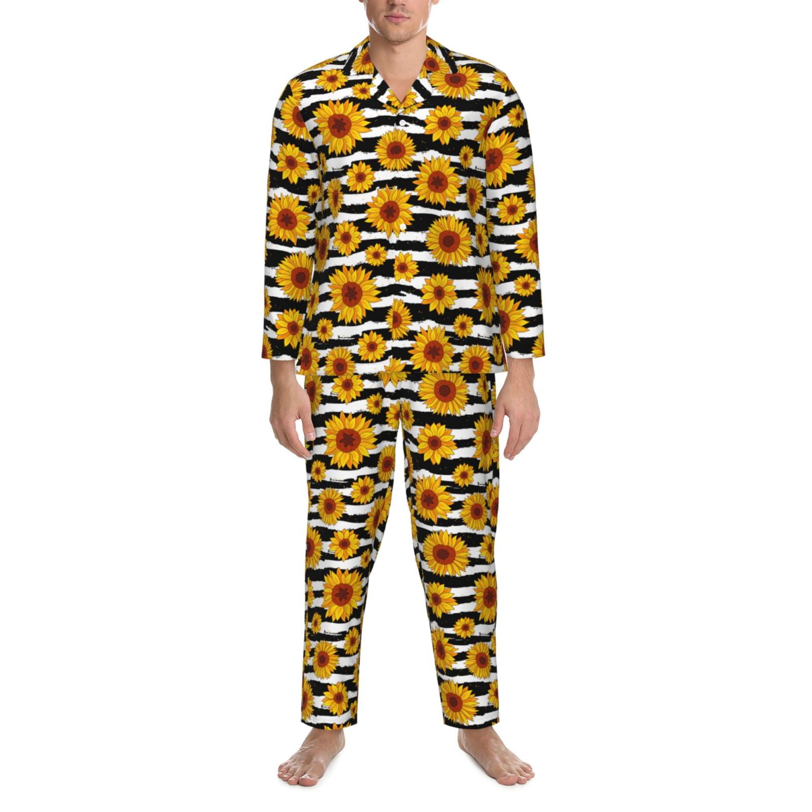 2 Piece Mens Pajamas Set, Sunflowers Striped Black White Long Sleeve