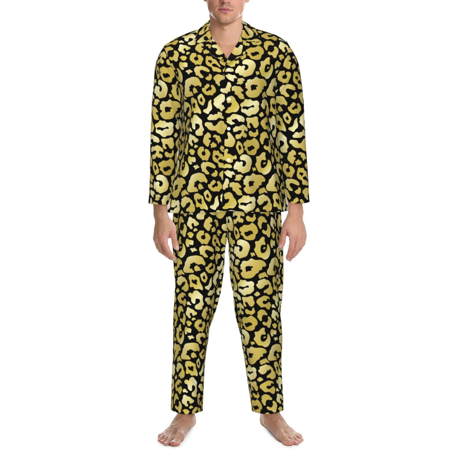 2 Piece Mens Pajamas Set, Trendy Golden Leopard Cool Long Sleeve Button