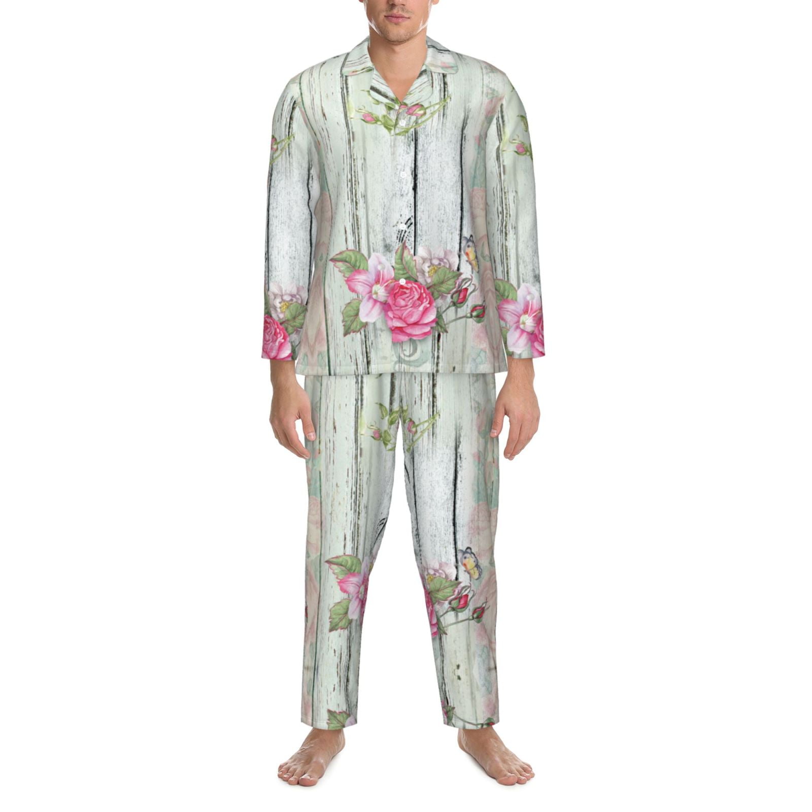 2 Piece Mens Pajamas Set, Vintage Wood With Floral Long Sleeve Button