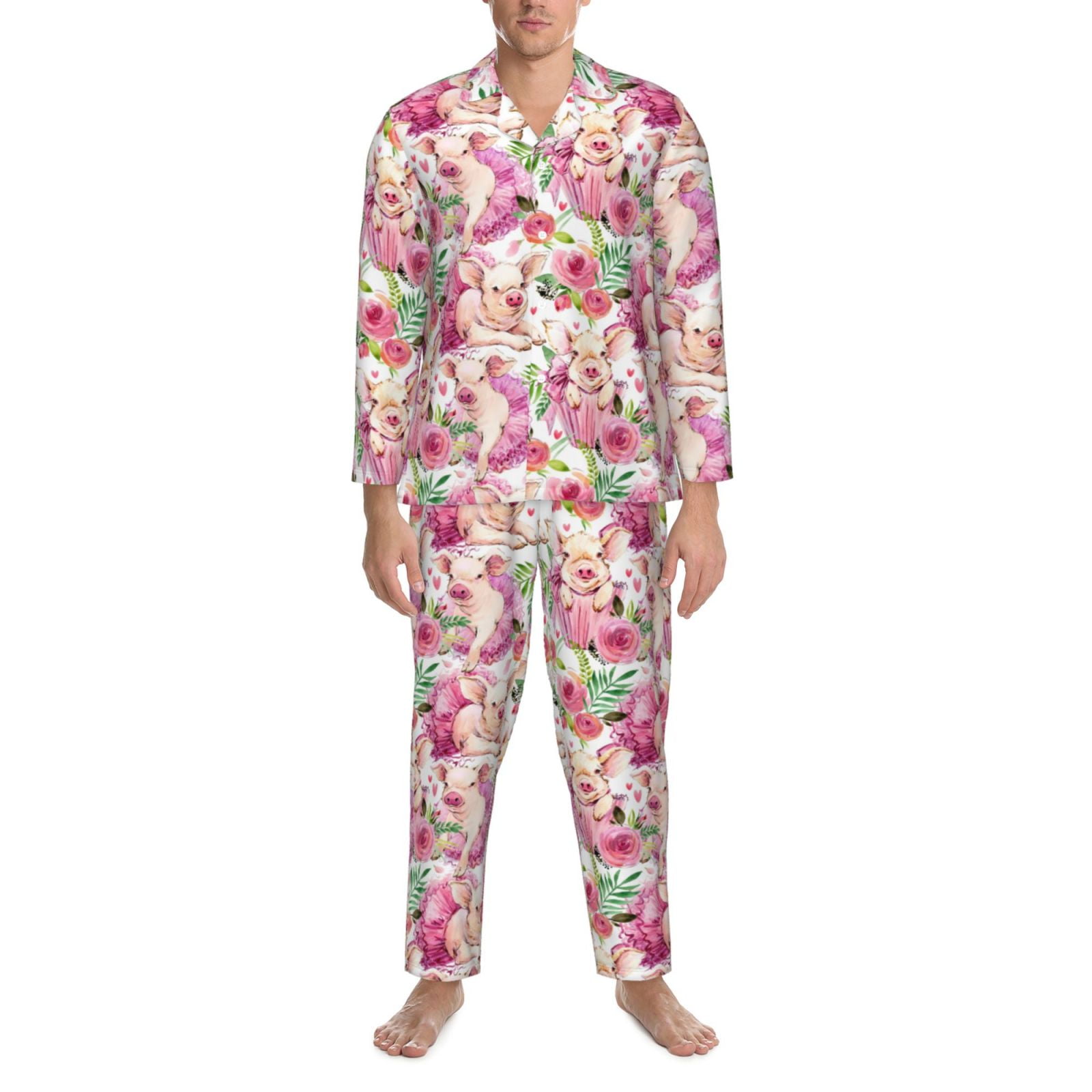 2 Piece Mens Pajamas Set, Watercolor Pig Long Sleeve Button Down and
