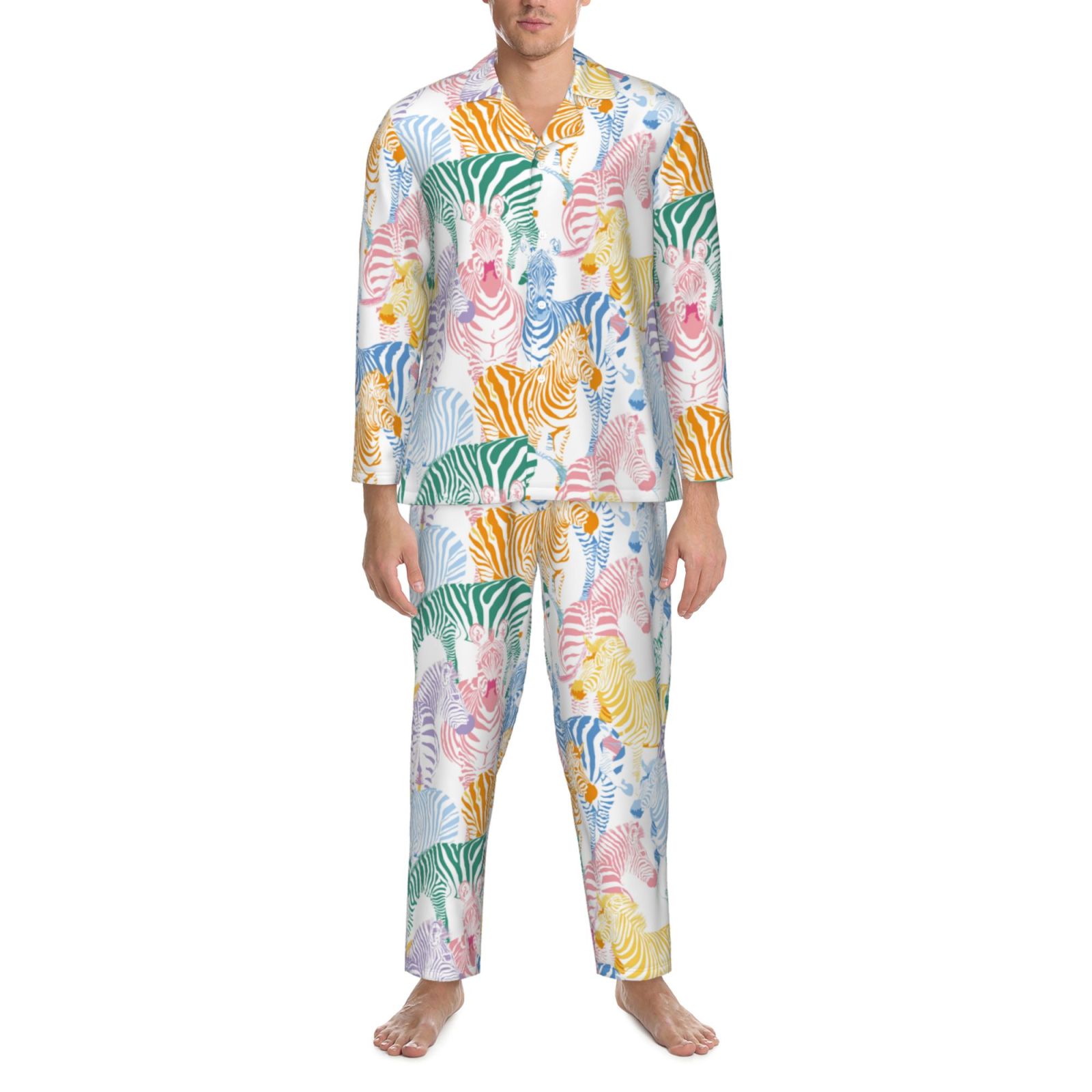 2 Piece Mens Pajamas Set, Zebra Colourful Long Sleeve Button Down and