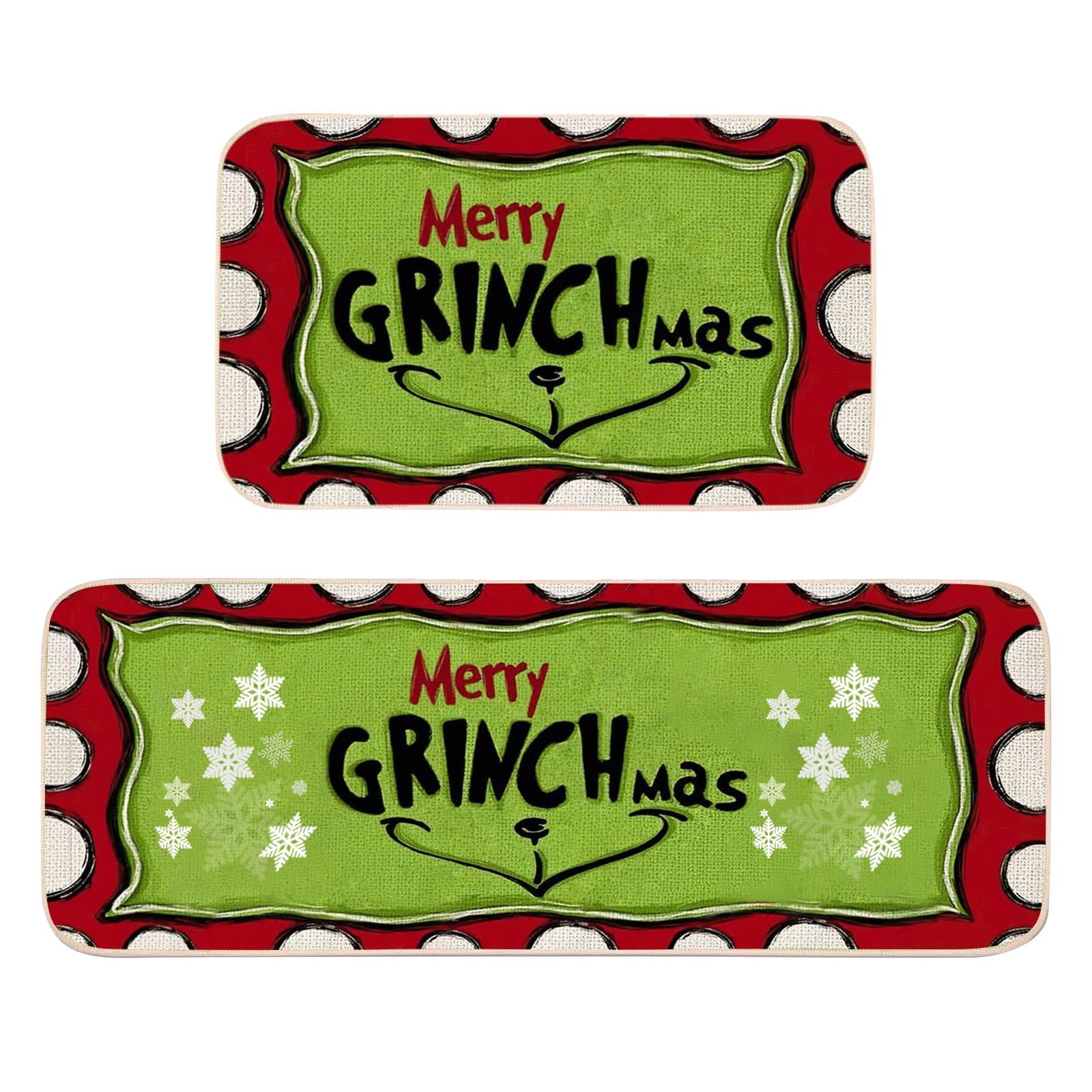2 Piece Merry Grinchmas Christmas Floor Mat, 60X40Cm & 110Cmx40Cm, Non-Slip Durable Decorative Carpet for Kitchen Bedroom Living Room