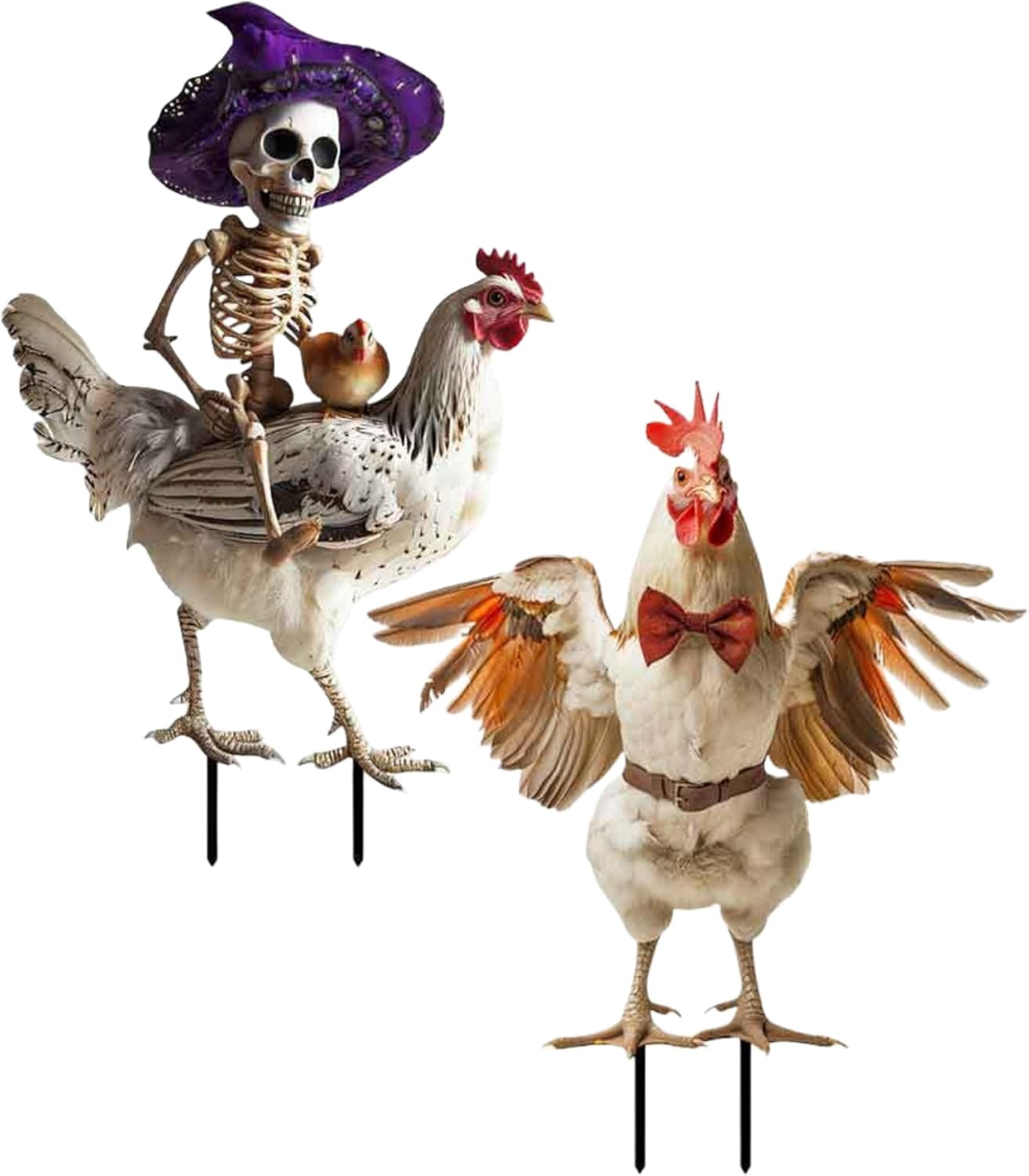 2-Piece Metal Chicken Skeleton Halloween Decor – 2D Rooster Yard Art with Stakes, Realistic Farm Animal Ornament for Outdoor Garden, Lawn, and Yard Display