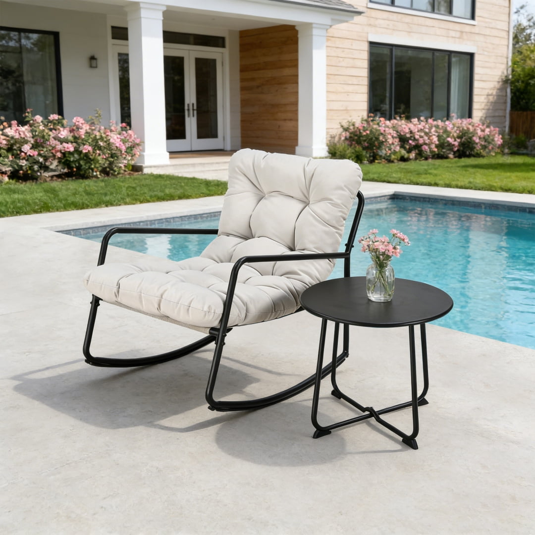 2-Piece Metal Comfy Modern Patio Rocking Chair Set with Side Table, Off-white