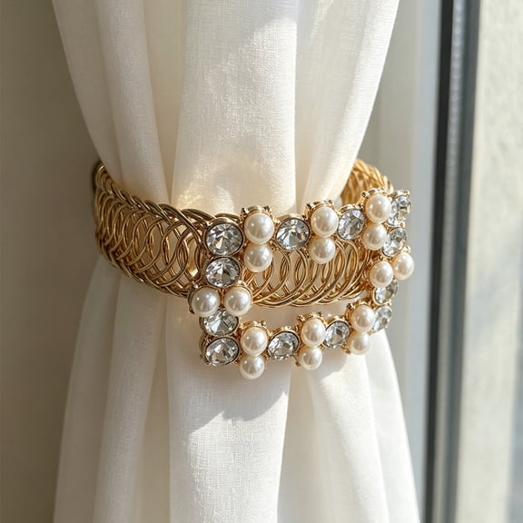 2-Piece Metal Spring Curtain Straps with Diamond-Encrusted Pearl Flower Buckles, No-Punching Curtain Tiebacks for Home Decorative Window Treatments