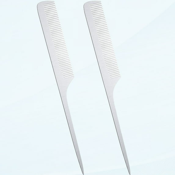 2 Piece Metal Tail Comb Silver Rat Tail Hair Comb Fine Haircut Comb Tease Pintail Barber Comb Stainless Steel Hair Styling Cutting Comb (Rat Tail)