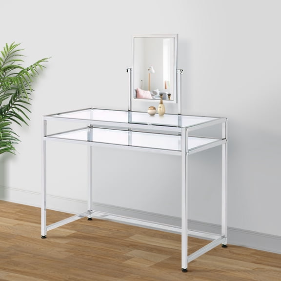 2 Piece Metal Vanity Set Tempered Glass Faux faux Seat 1 Shelf Silver - Saltoro Sherpi