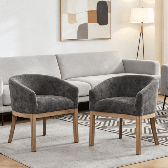 2 Piece Mid Century Modern Barrel Dining Chair with Arms, Farmhouse Chenille Kitchen Chair, Natural Rubberwood Frame, 19" Wide Upholstered Accent Chair for Living Room/Office, Gray