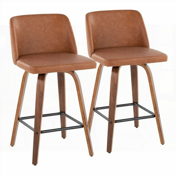 2-Piece Mid-Century Modern Fixed Height Counter Stools with Swivel in Walnut Wood and Camel Faux Leather