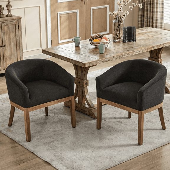 2-Piece Mid-Century Modern Upholstered Dining Chair, Curved Back Barrel Accent Chair with Arms, Natural Rubberwood Frame Linen Kitchen Chair for Dining Room, Living Room, Bedroom