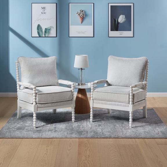 2-Piece Mid Century White Spindle Accent Chair Upholstered Armchair with Thick Cushion and Wood Frame