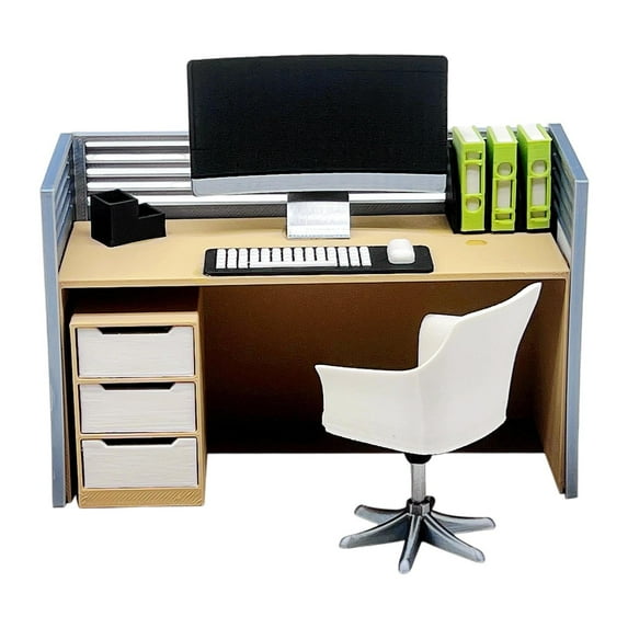 2 Piece Mini Office Desk Toys Dollhouse Mini Computer Desk and Tiny Chair Model Set B for 1:12 Scale Dollhouse Scenes