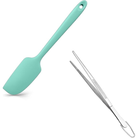 2 Piece Mini Silicone Spatula Kitchen Tweezer Set 600F Heat Resistant 8 Inch Pointed Tip Aqua Sky
