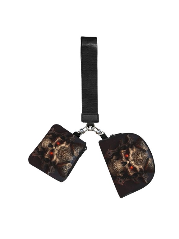 2-Piece Mini Wristlet Pouch Set Portable Sports Wrist Bag with Keychain Strap Small Coin Purse, Demon Satanic Skull Red Eye