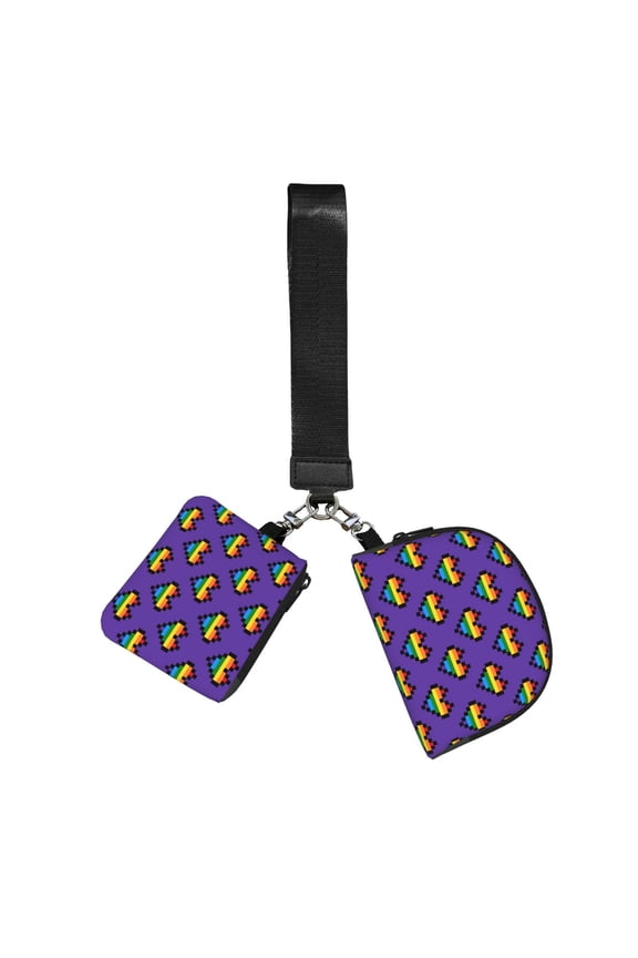 2-Piece Mini Wristlet Pouch Set Portable Sports Wrist Bag with Keychain Strap Small Coin Purse, Rainbow Heart Pixel Art LGBT