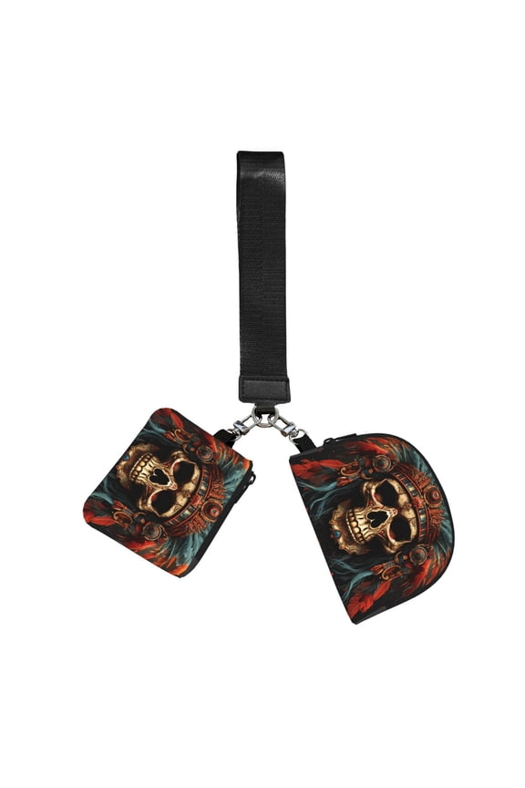 2-Piece Mini Wristlet Pouch Set Portable Sports Wrist Bag with Keychain Strap Small Coin Purse, Skull Indian Chief Black