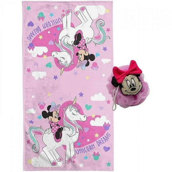 2 Piece Minnie Mouse Unicorn Bath Towel & 3D Loofah Set