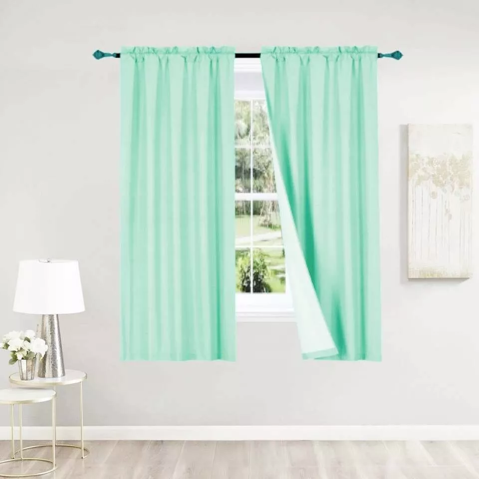2 Piece Mint Green Light Blocking Panels White Backing Rod Pocket Window Curtain 37" W X 63" L Each Panel