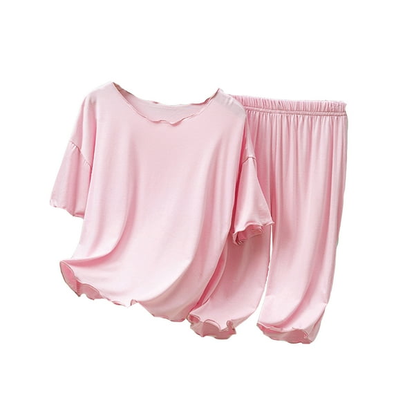 2 Piece Modal Pajamas Toddler Girls Ruffle Solid Color Sleepwear Short Sleeve Crewneck Shirts Pants Set Stringy Selvedge Spring Loungewear Kids Pjs Outfits Pink 3-4 Years